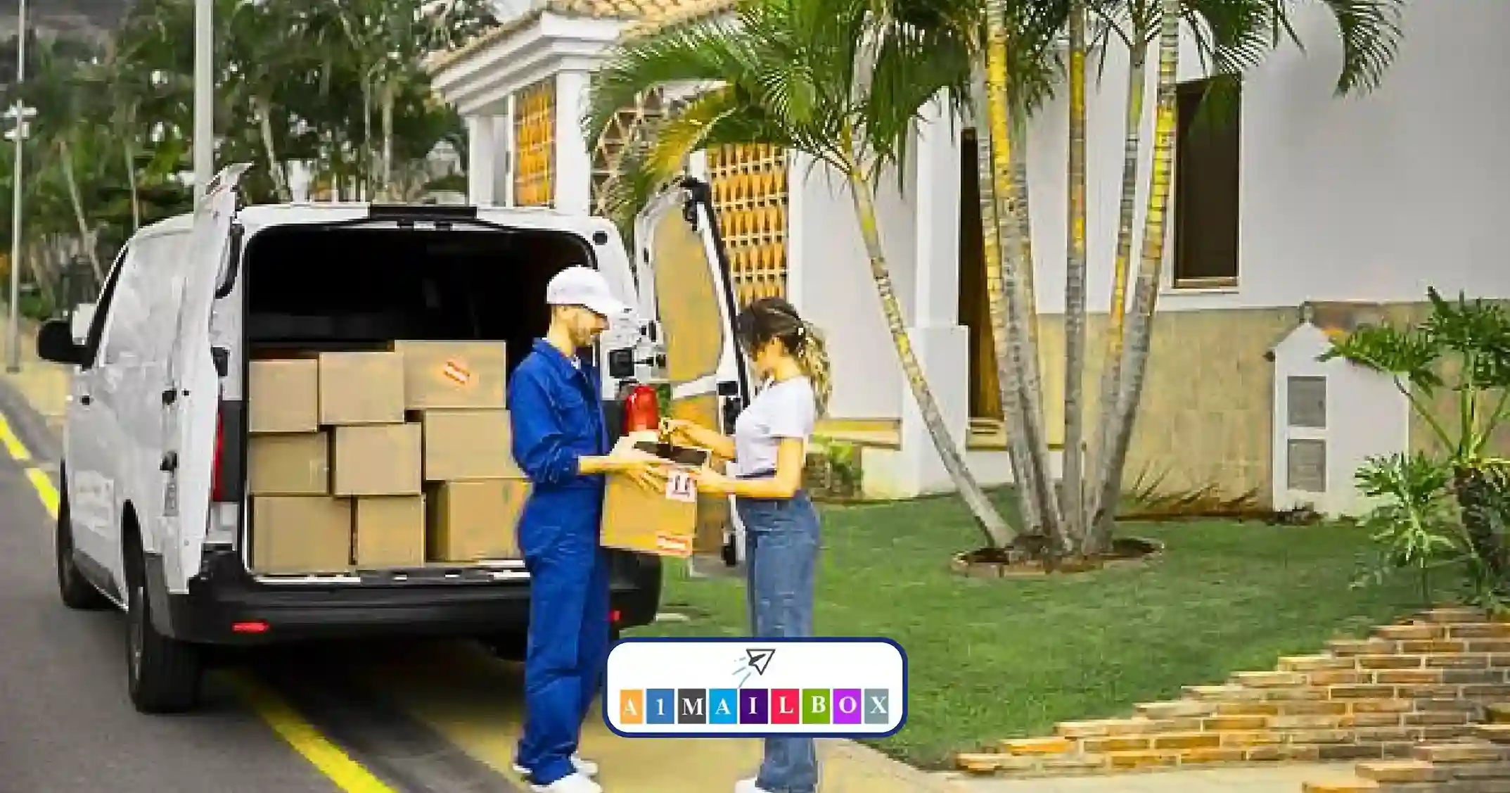 Secure mailbox rental UK – courier handing parcel to customer at home, showing safe delivery with A1 MailBox street address service.