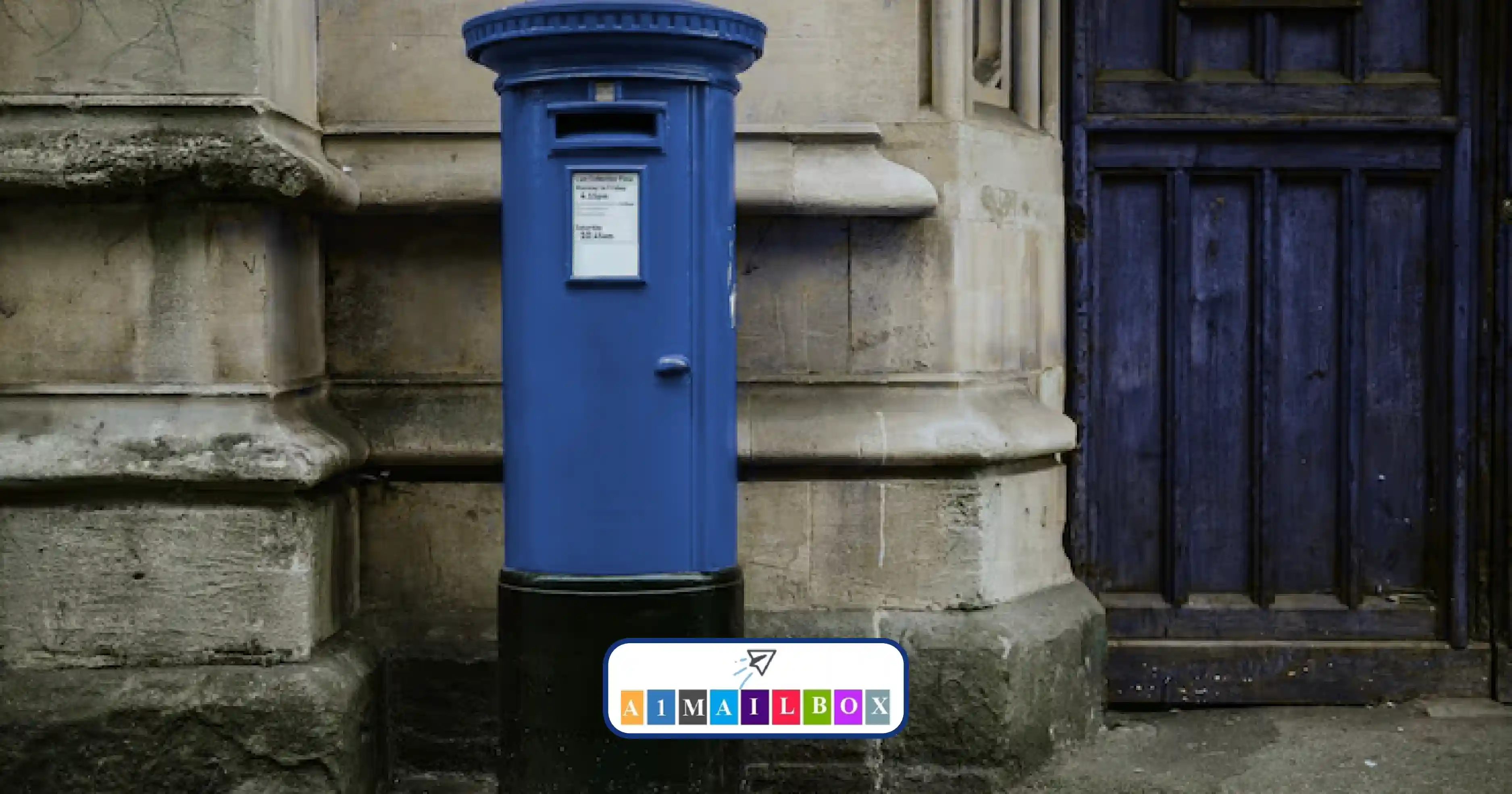 Iconic blue UK post box outside a historic building! Discover how public post boxes compare with private mailboxes for secure deliveries.